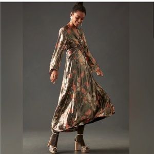 NWT Caballero Anthropologie metallic floral midi dress XS Petite